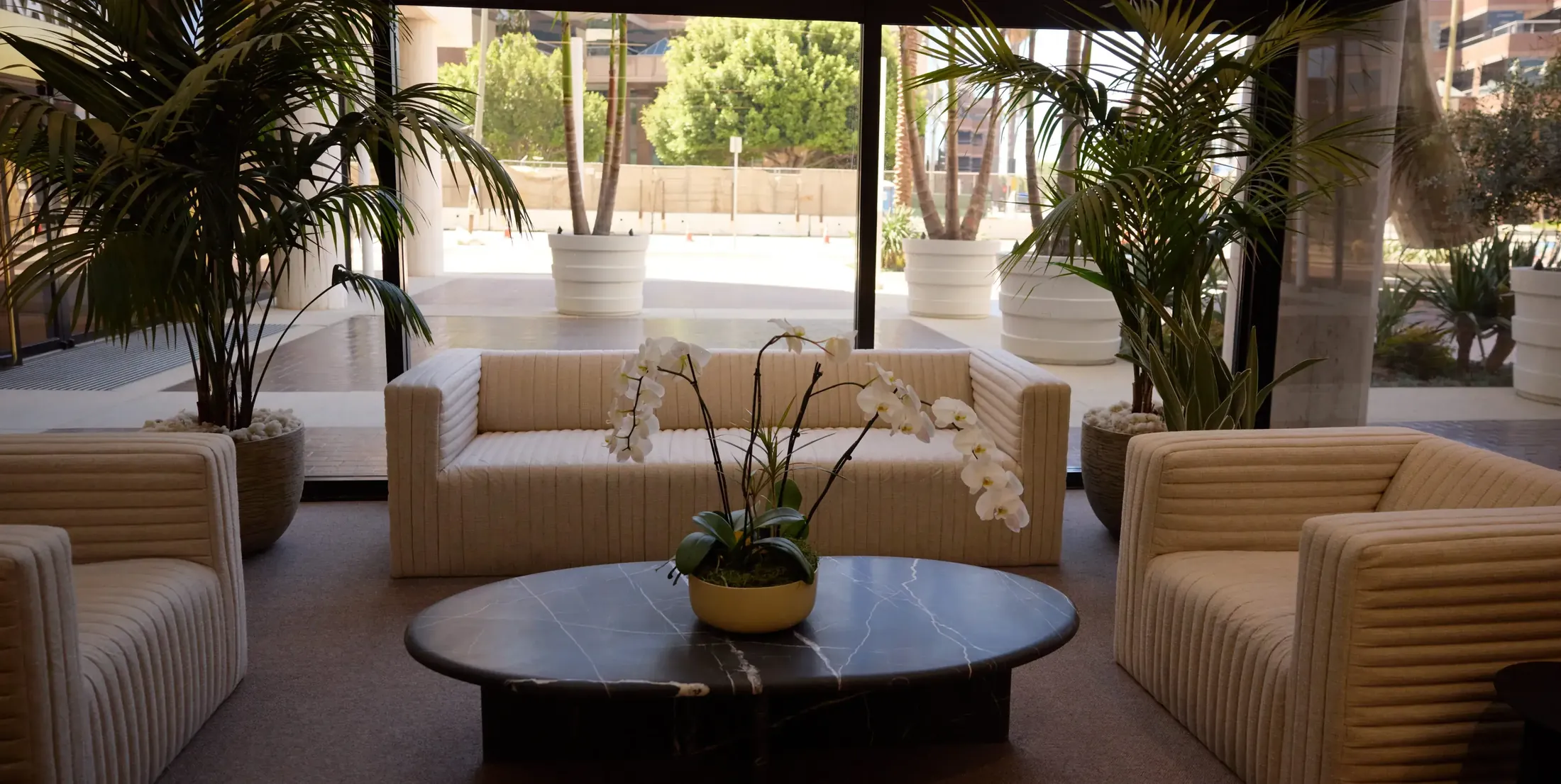 The SAG-AFTRA Plaza lobby at 5757 Wilshire Boulevard, home of Solace Dentistry
